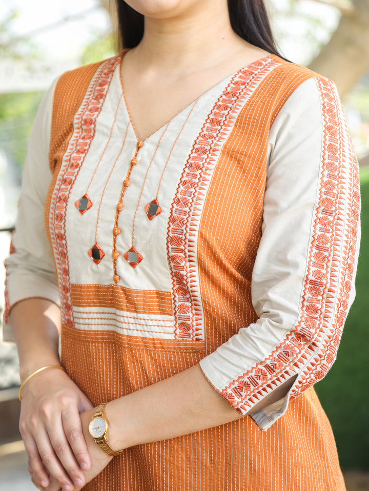 Saundraya Tangerine Rust Mirror with Potli Button Work Yoke Running Stitch Cotton Kurti