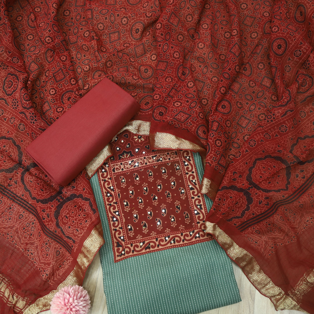 Pardesi Sage Green Ajrak Printed Patch in Kantha Cotton Suit Set