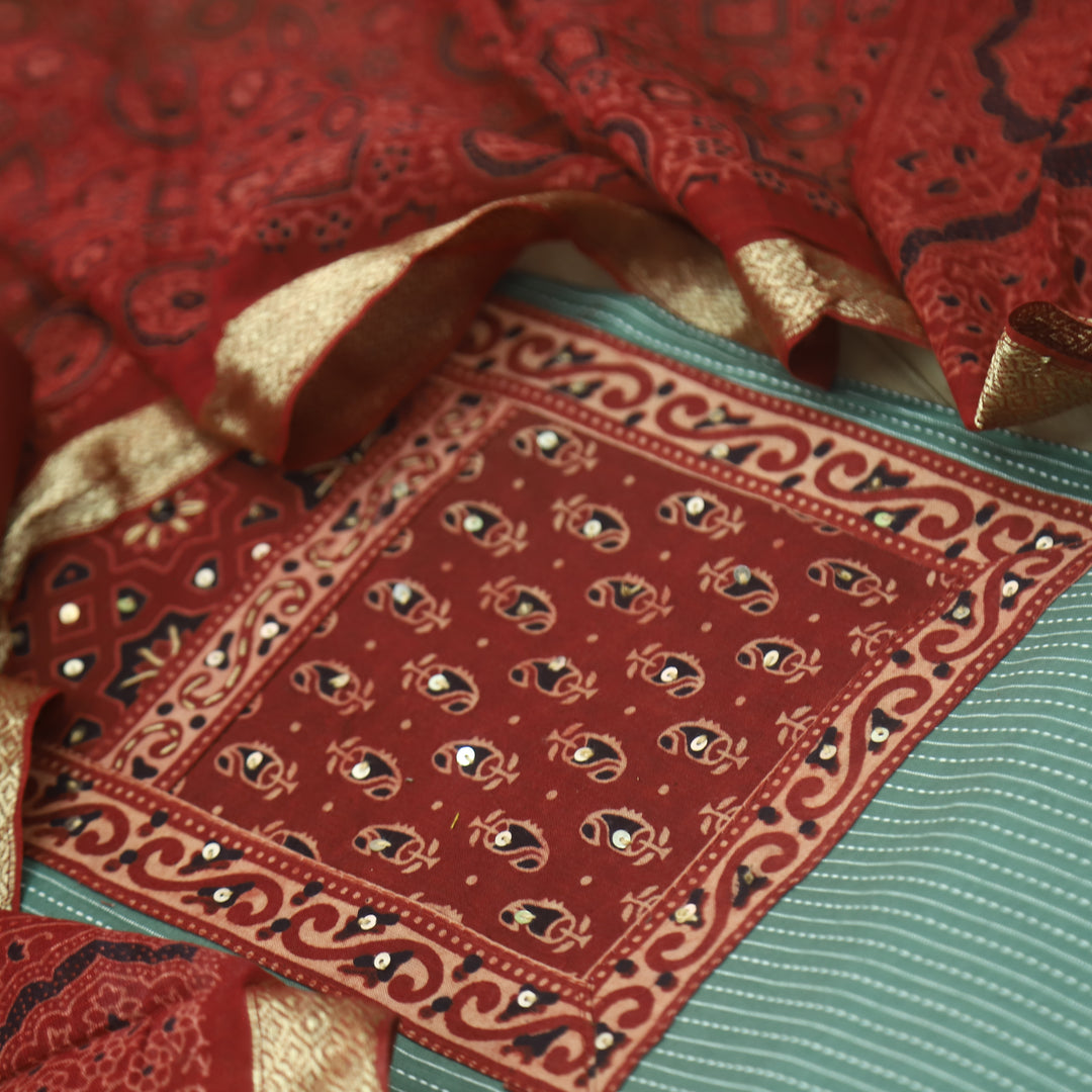 Pardesi Sage Green Ajrak Printed Patch in Kantha Cotton Suit Set