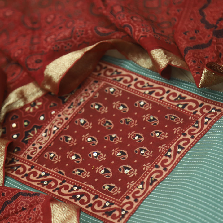 Pardesi Sage Green Ajrak Printed Patch in Kantha Cotton Suit Set