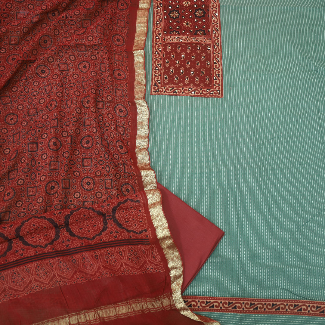 Pardesi Sage Green Ajrak Printed Patch in Kantha Cotton Suit Set