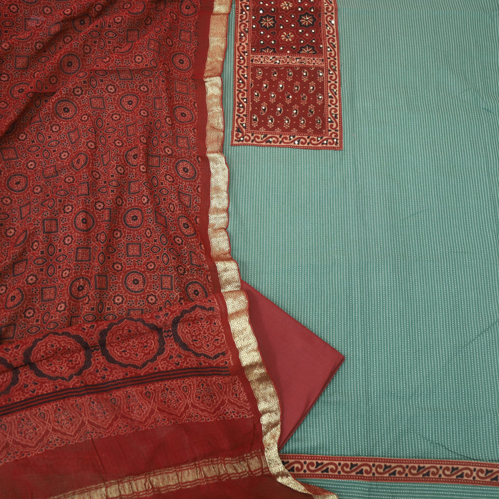 Pardesi Sage Green Ajrak Printed Patch in Kantha Cotton Suit Set