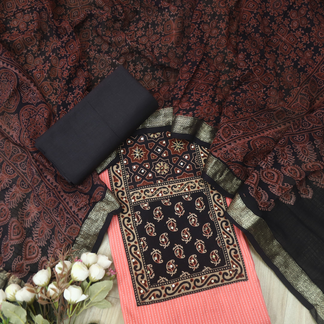 Pardesi Candy Pink Ajrak Printed Patch in Kantha Cotton Suit Set