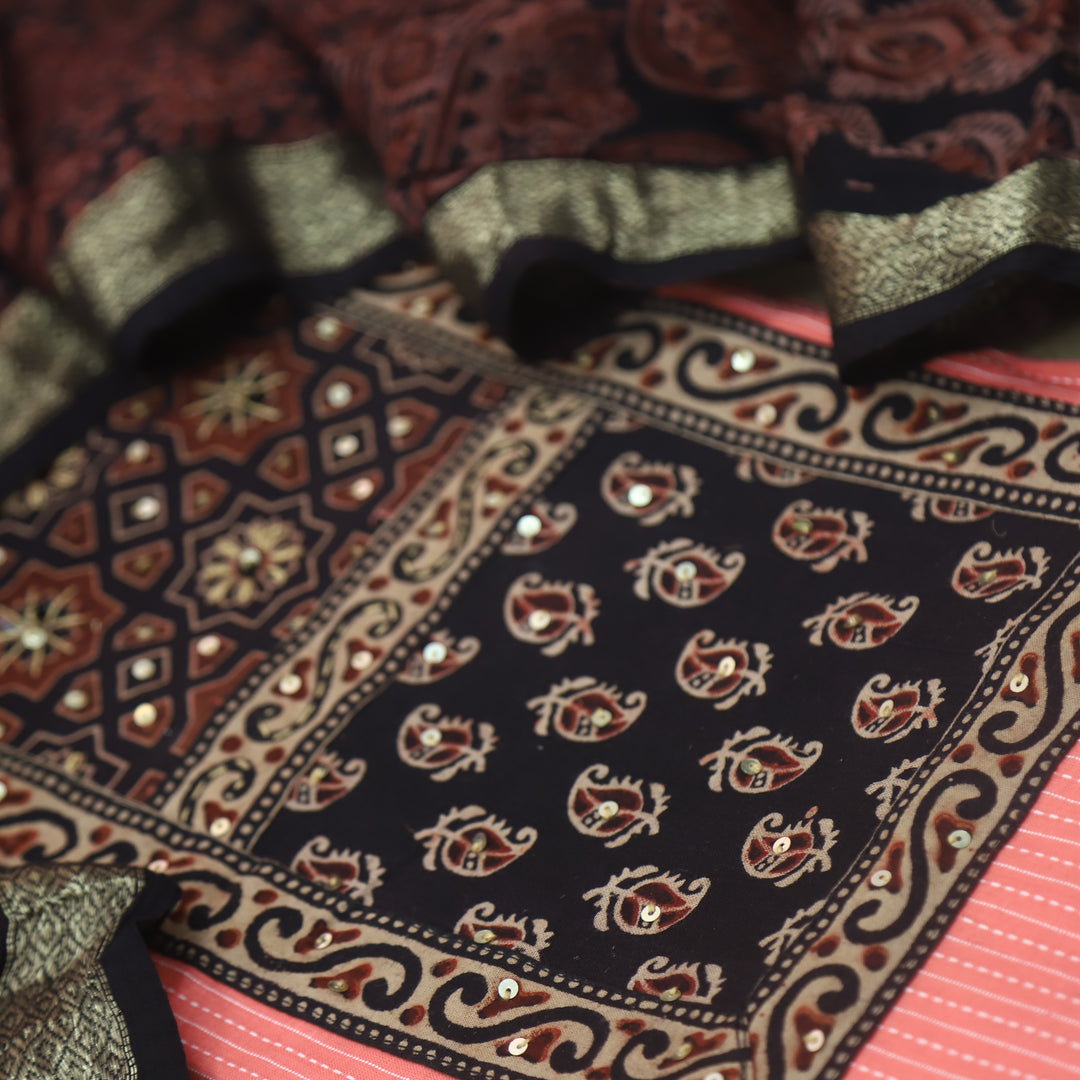 Pardesi Candy Pink Ajrak Printed Patch in Kantha Cotton Suit Set