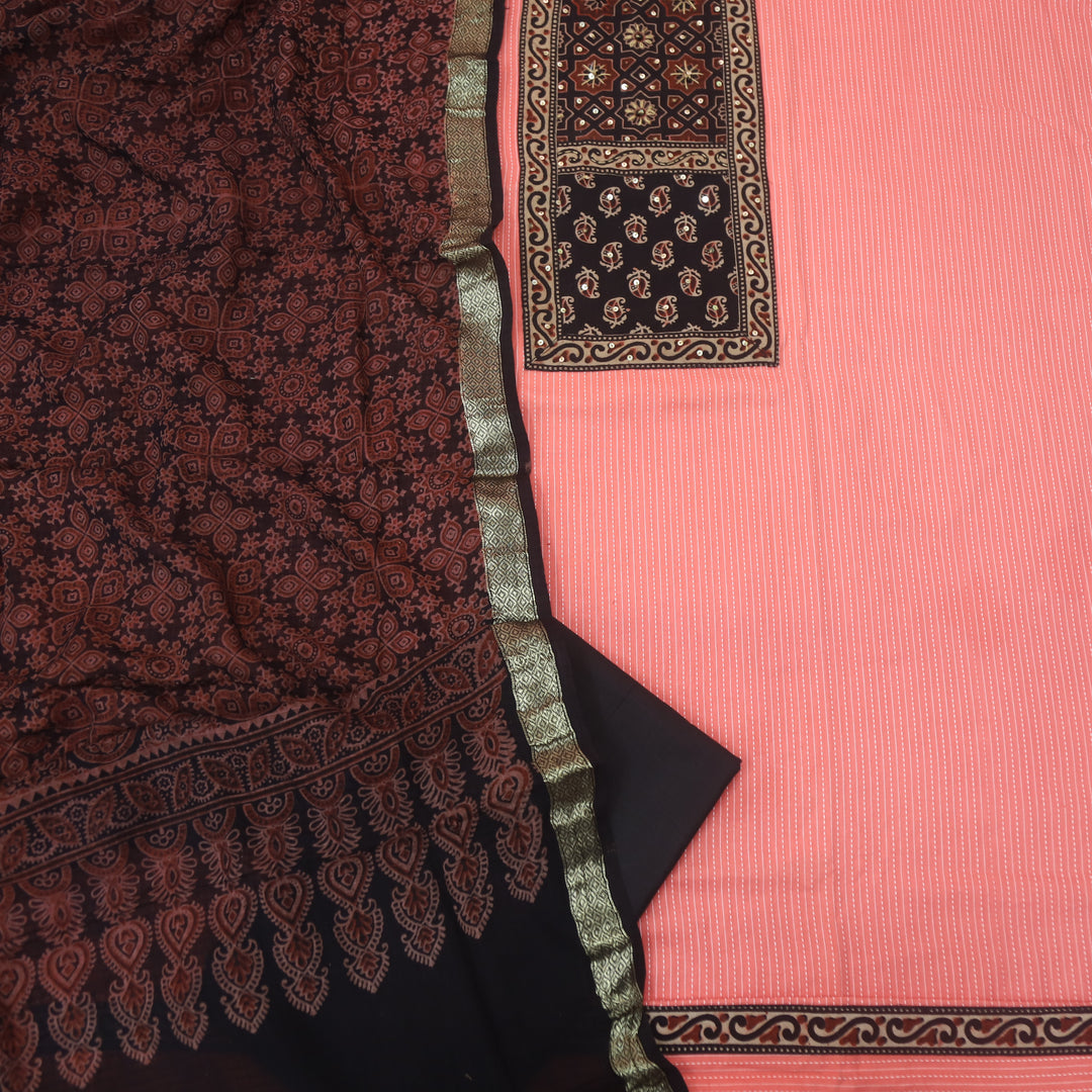 Pardesi Candy Pink Ajrak Printed Patch in Kantha Cotton Suit Set