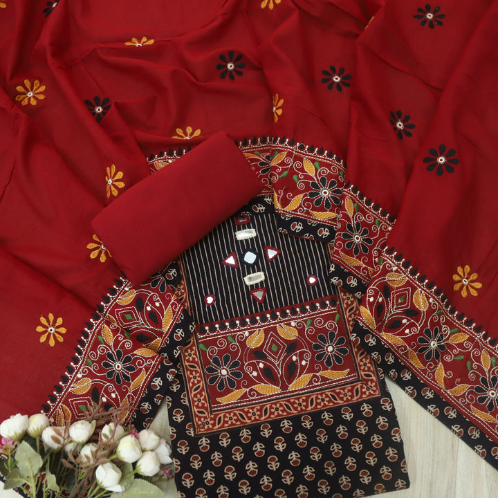 Pardesiya Paint Black Kutch Patch with Mirror Work Printed Cotton Suit Set