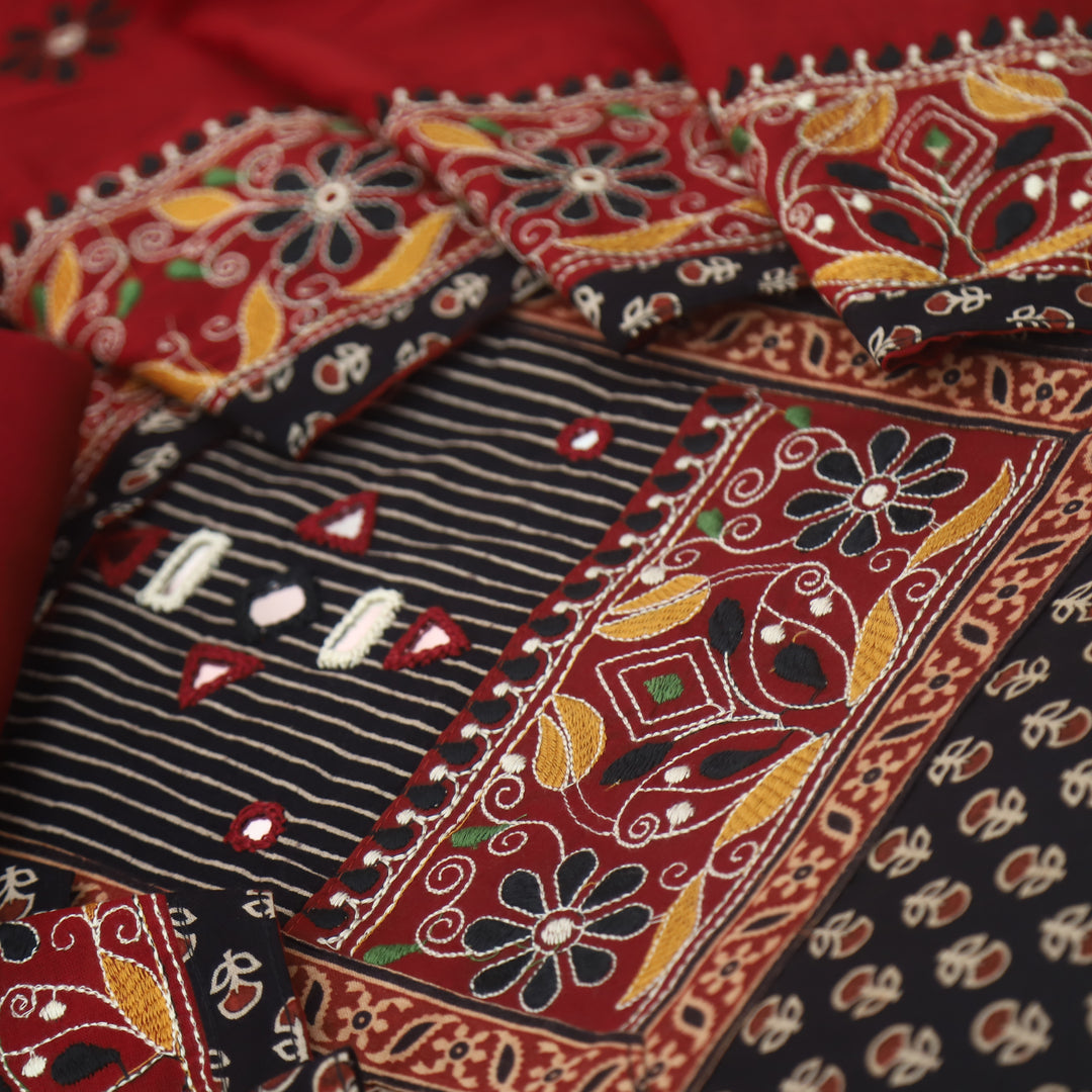 Pardesiya Paint Black Kutch Patch with Mirror Work Printed Cotton Suit Set