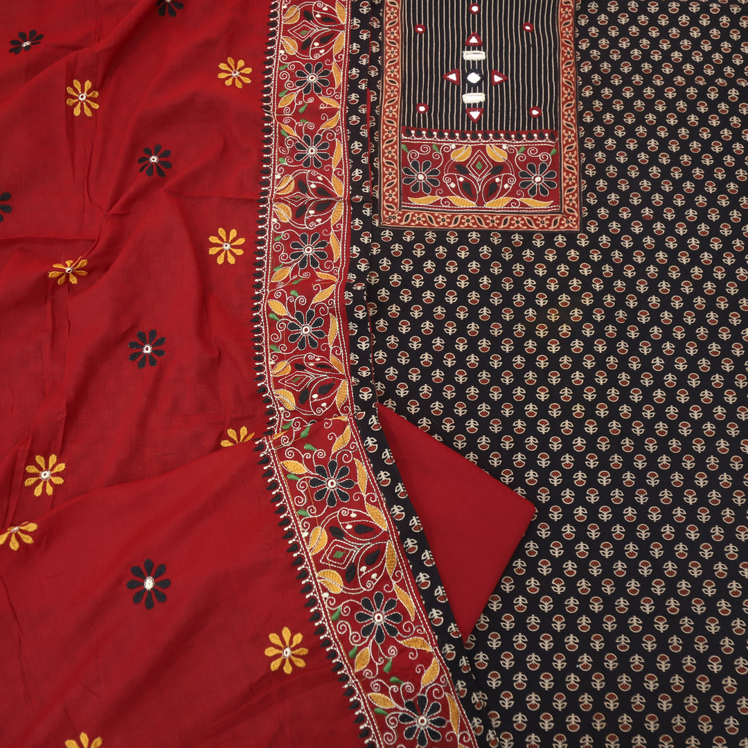 Pardesiya Paint Black Kutch Patch with Mirror Work Printed Cotton Suit Set