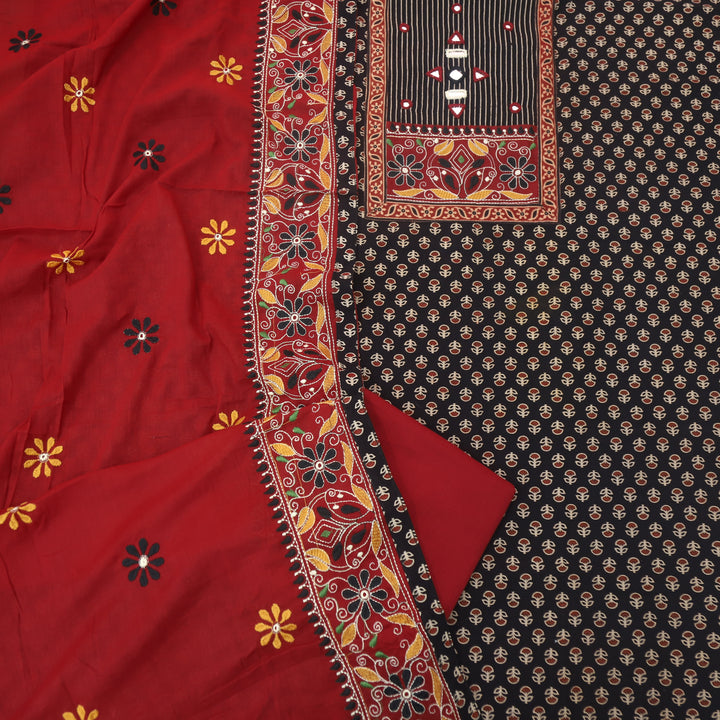 Pardesiya Paint Black Kutch Patch with Mirror Work Printed Cotton Suit Set