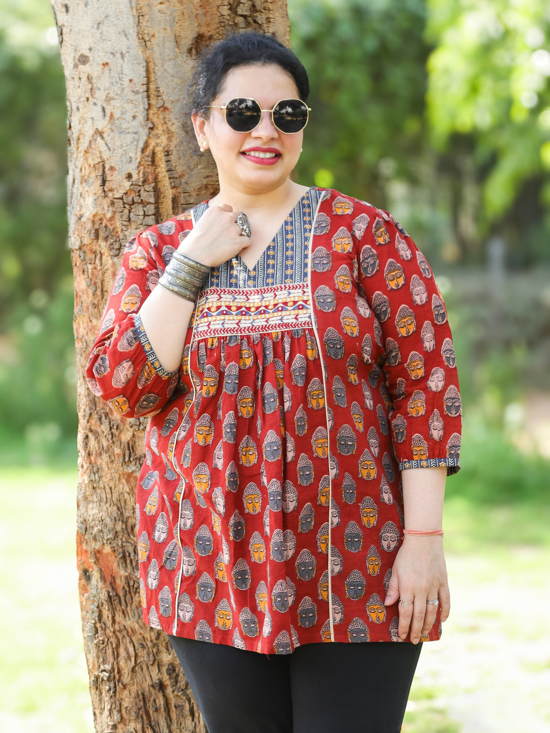 Mukhda Red with Embroidered Yoke Panel Style Buddha Printed Short Cotton Kurti