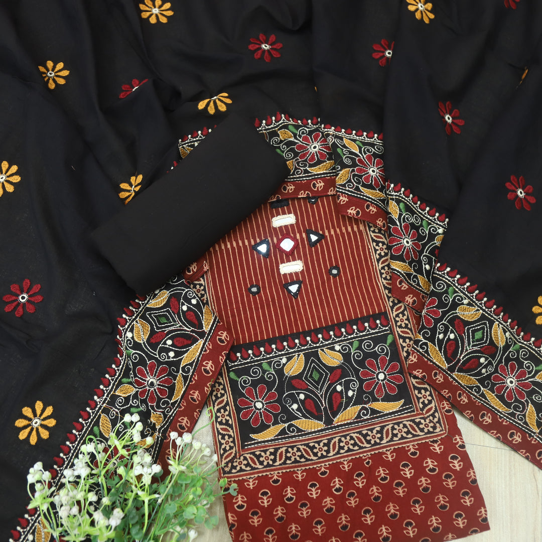 Pardesiya Maroon Red Kutch Patch with Mirror Work Printed Cotton Suit Set