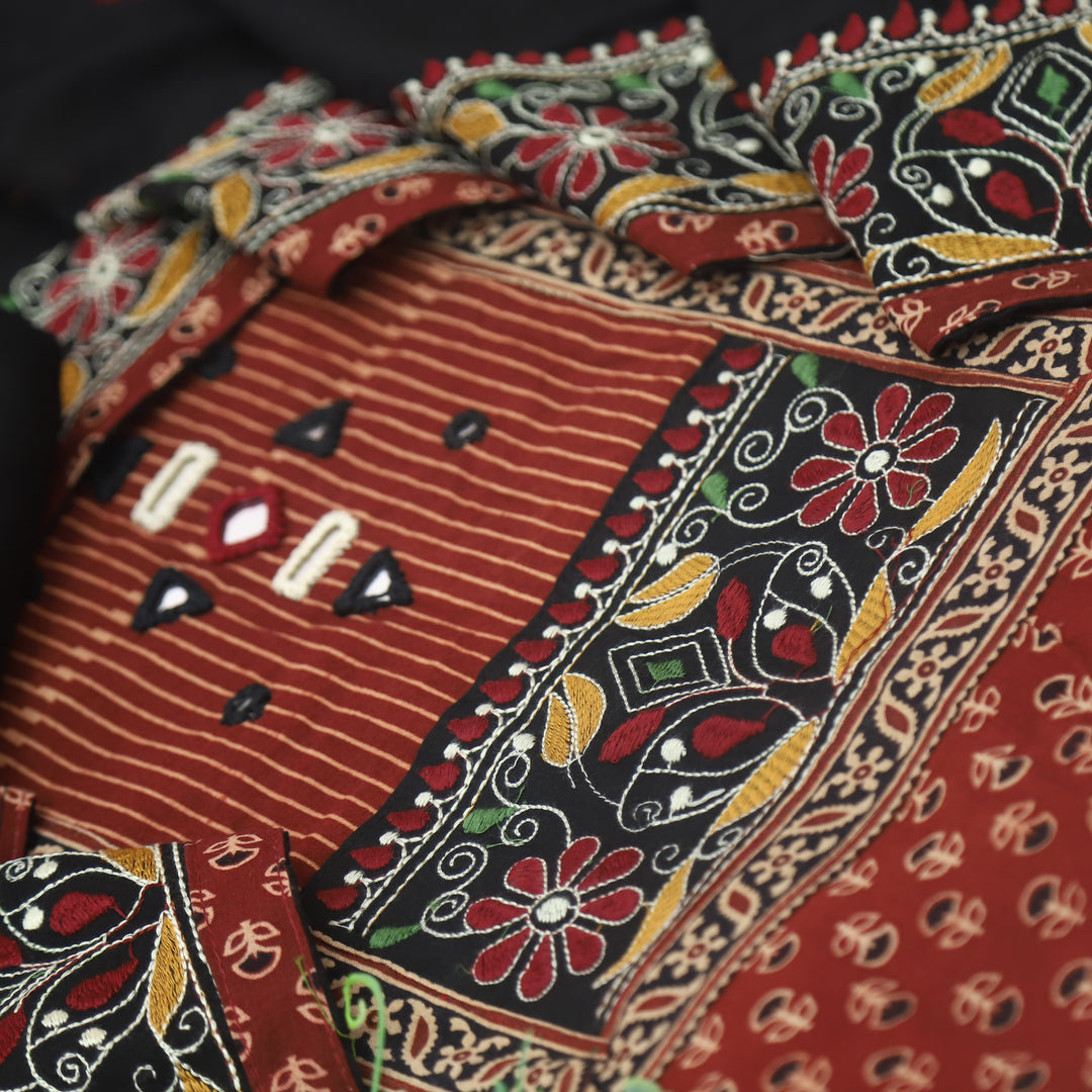 Pardesiya Maroon Red Kutch Patch with Mirror Work Printed Cotton Suit Set