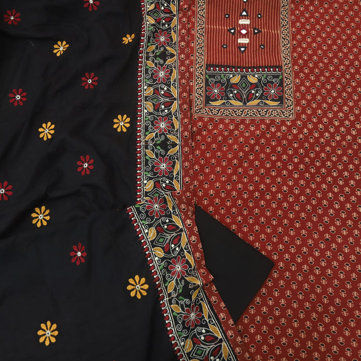 Pardesiya Maroon Red Kutch Patch with Mirror Work Printed Cotton Suit Set
