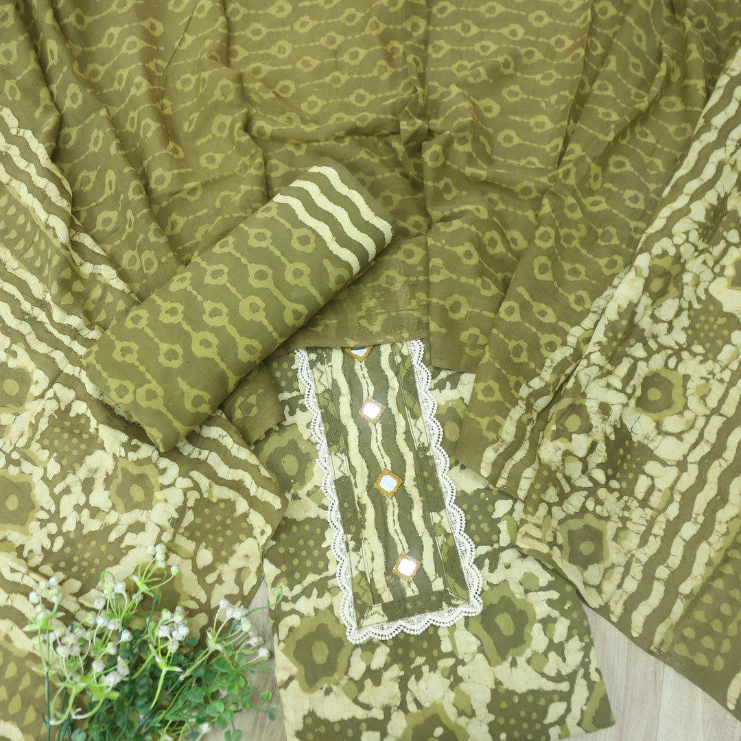 Rubi Mehndi Green Mirror with Lace Work Dabu Printed Cotton Suit set