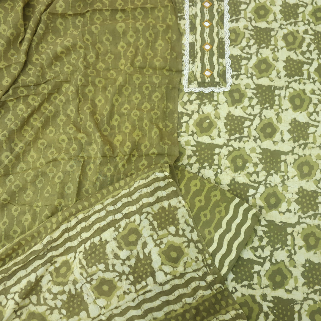 Rubi Mehndi Green Mirror with Lace Work Dabu Printed Cotton Suit set