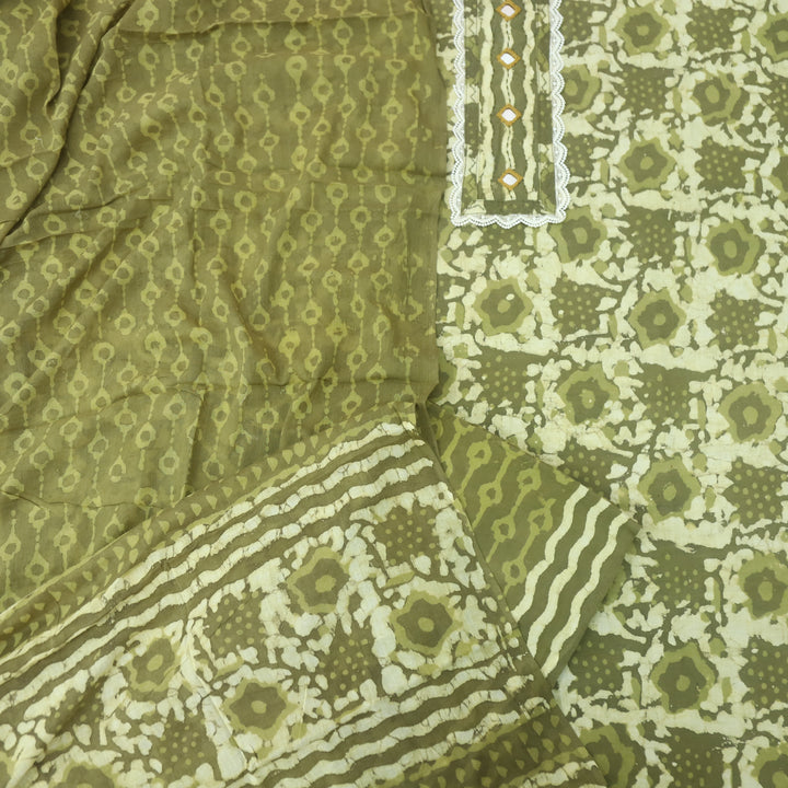 Rubi Mehndi Green Mirror with Lace Work Dabu Printed Cotton Suit set