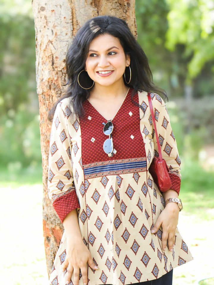 Madhvi Sand Beige with Ajrak Printed Yoke with Mirror Work Short Cotton Kurti