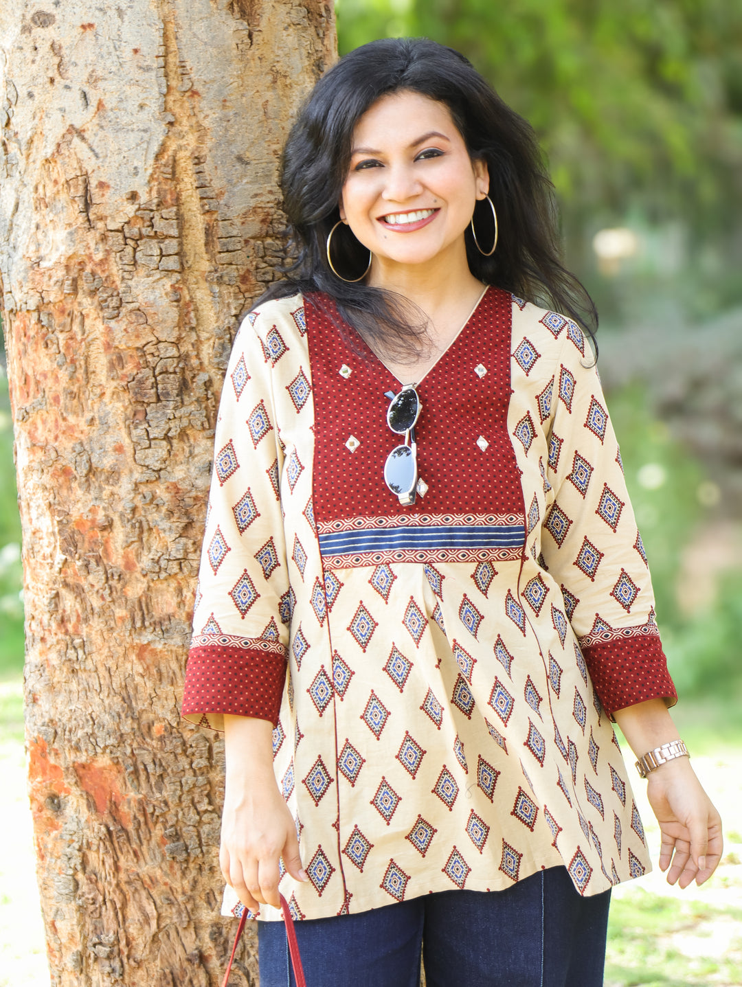 Madhvi Sand Beige with Ajrak Printed Yoke with Mirror Work Short Cotton Kurti