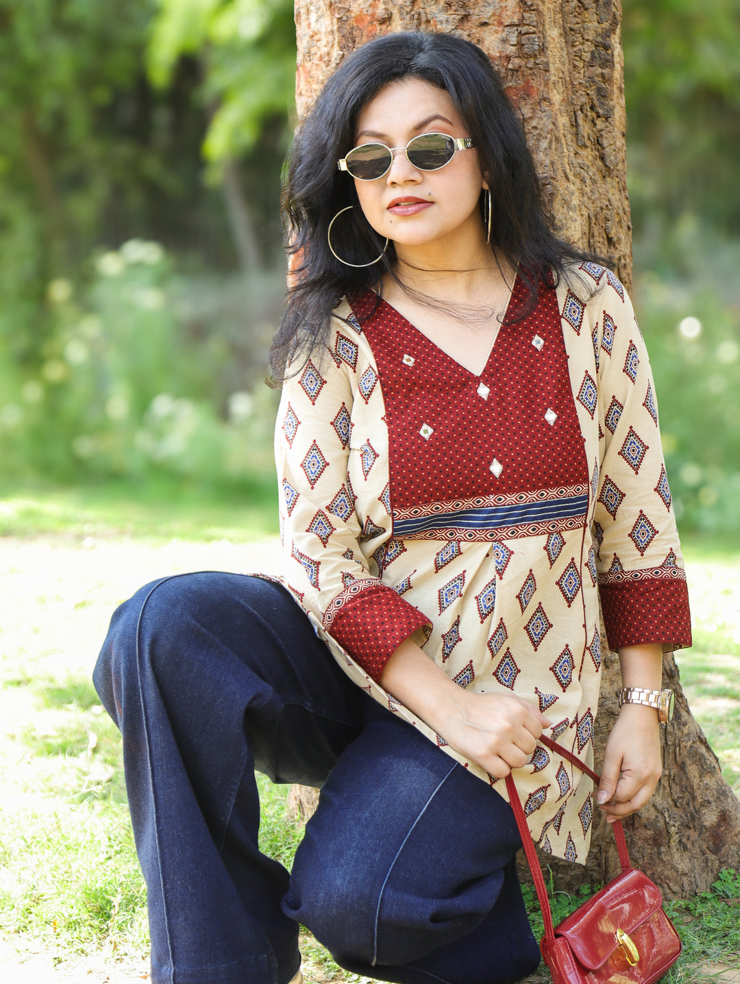 Madhvi Sand Beige with Ajrak Printed Yoke with Mirror Work Short Cotton Kurti