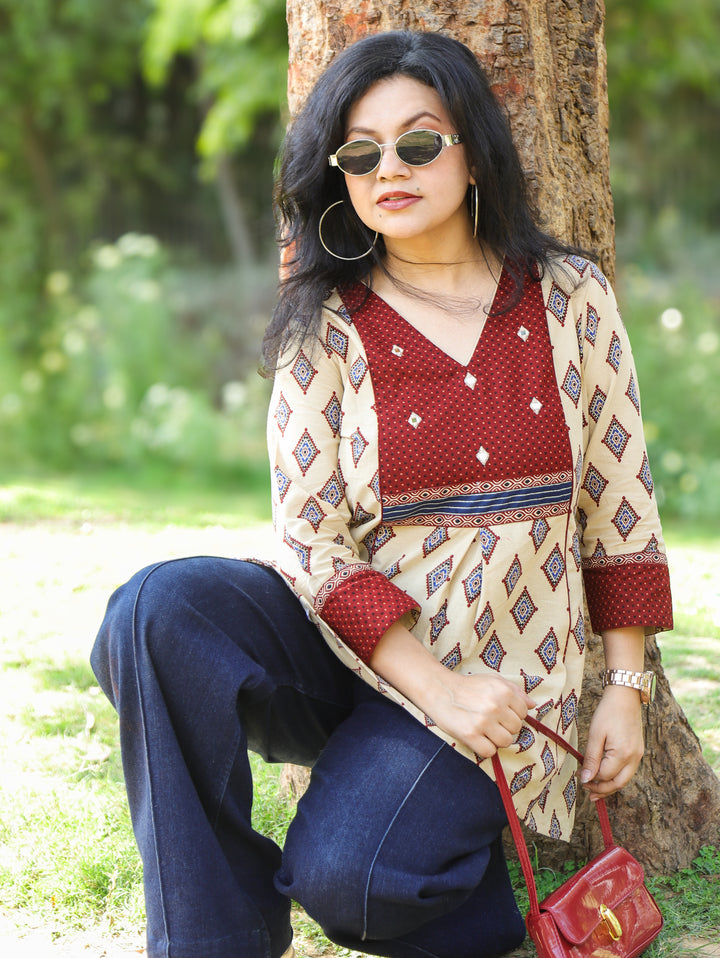 Madhvi Sand Beige with Ajrak Printed Yoke with Mirror Work Short Cotton Kurti