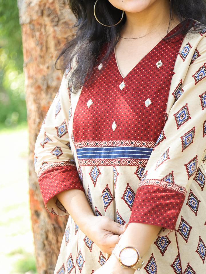 Madhvi Sand Beige with Ajrak Printed Yoke with Mirror Work Short Cotton Kurti