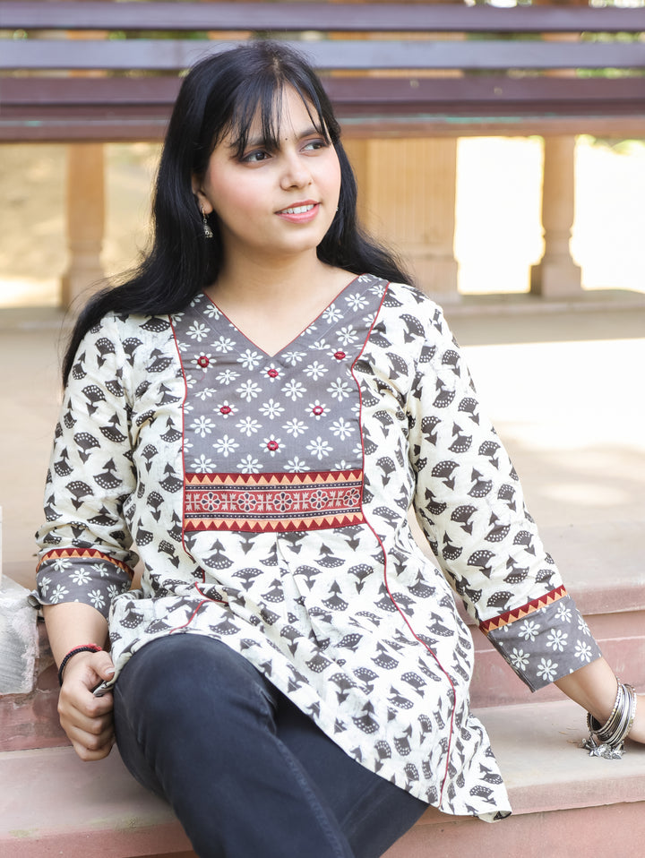 Madhvi Latte Beige with Dabu Printed Yoke with Mirror Work Short Cotton Kurti