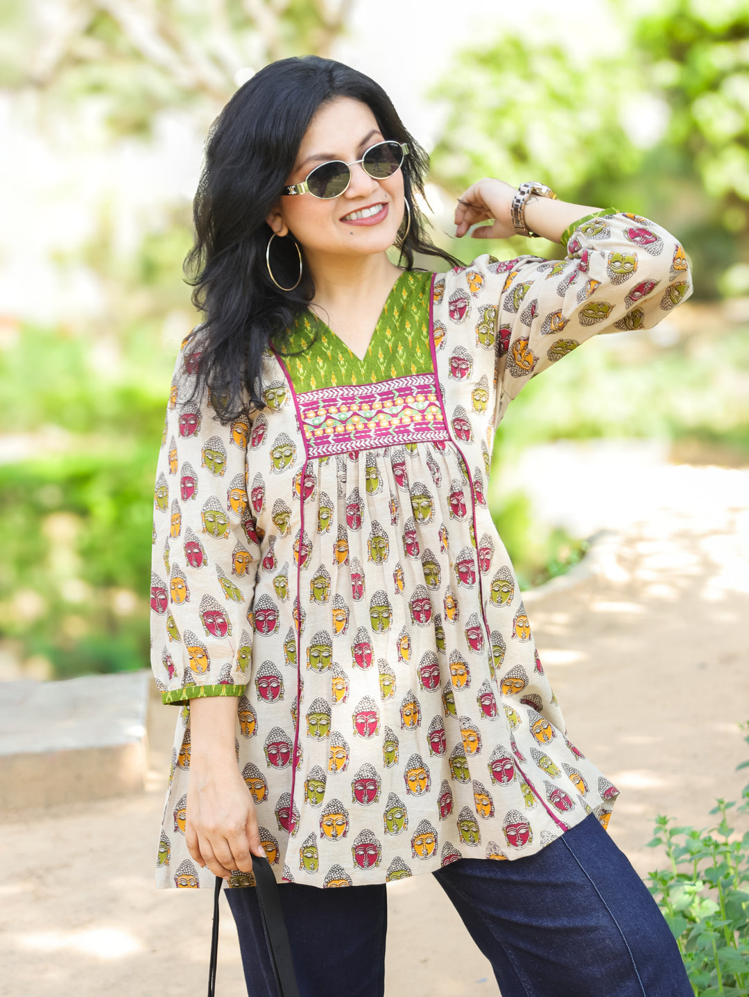 Mukhda Beige with Embroidered Yoke Panel Style Buddha Printed Short Cotton Kurti