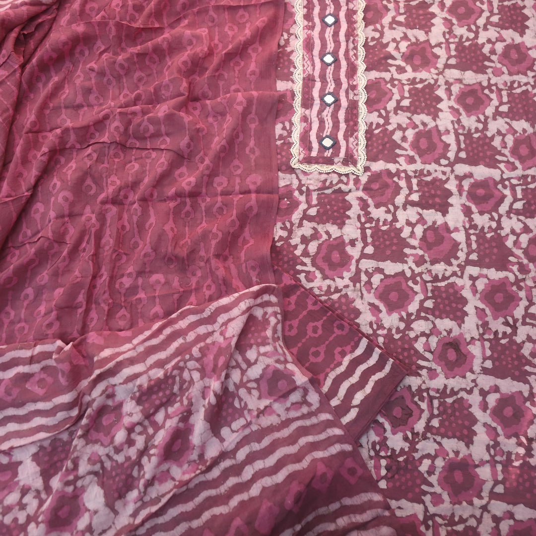 Rubi Blueberry Purple Mirror with Lace Work Dabu Printed Cotton Suit set