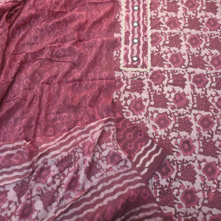 Rubi Blueberry Purple Mirror with Lace Work Dabu Printed Cotton Suit set