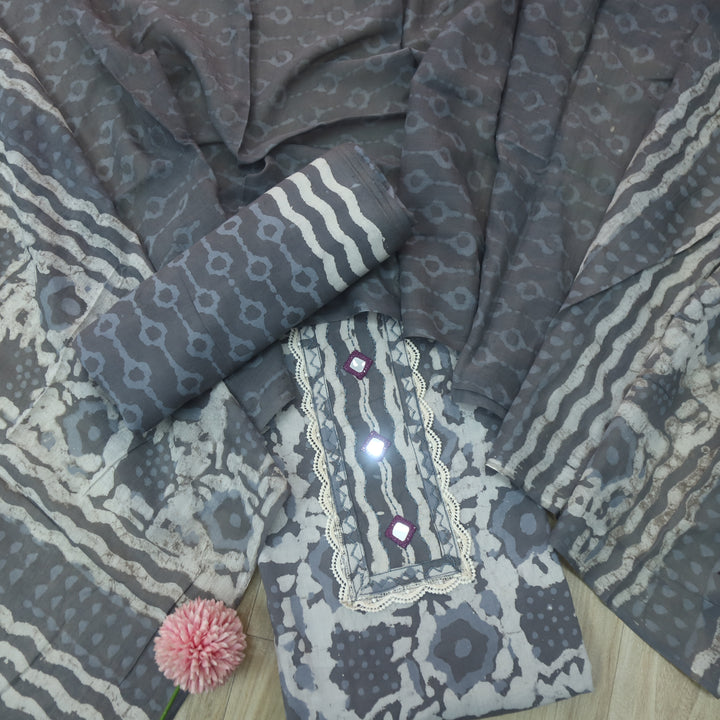 Rubi Stell Grey Mirror with Lace Work Dabu Printed Cotton Suit set