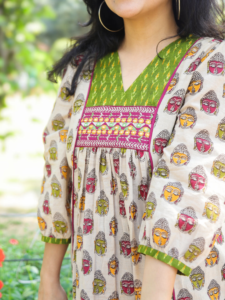 Mukhda Beige with Embroidered Yoke Panel Style Buddha Printed Short Cotton Kurti