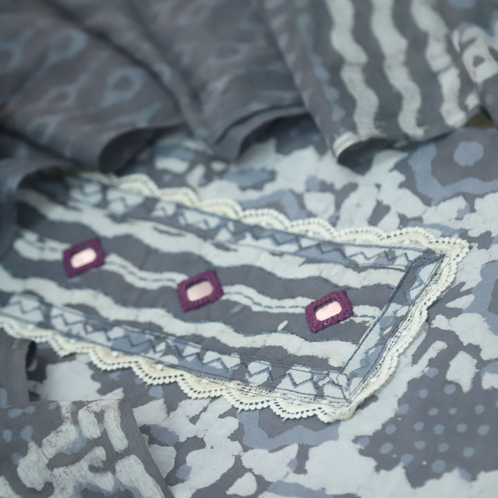 Rubi Stell Grey Mirror with Lace Work Dabu Printed Cotton Suit set