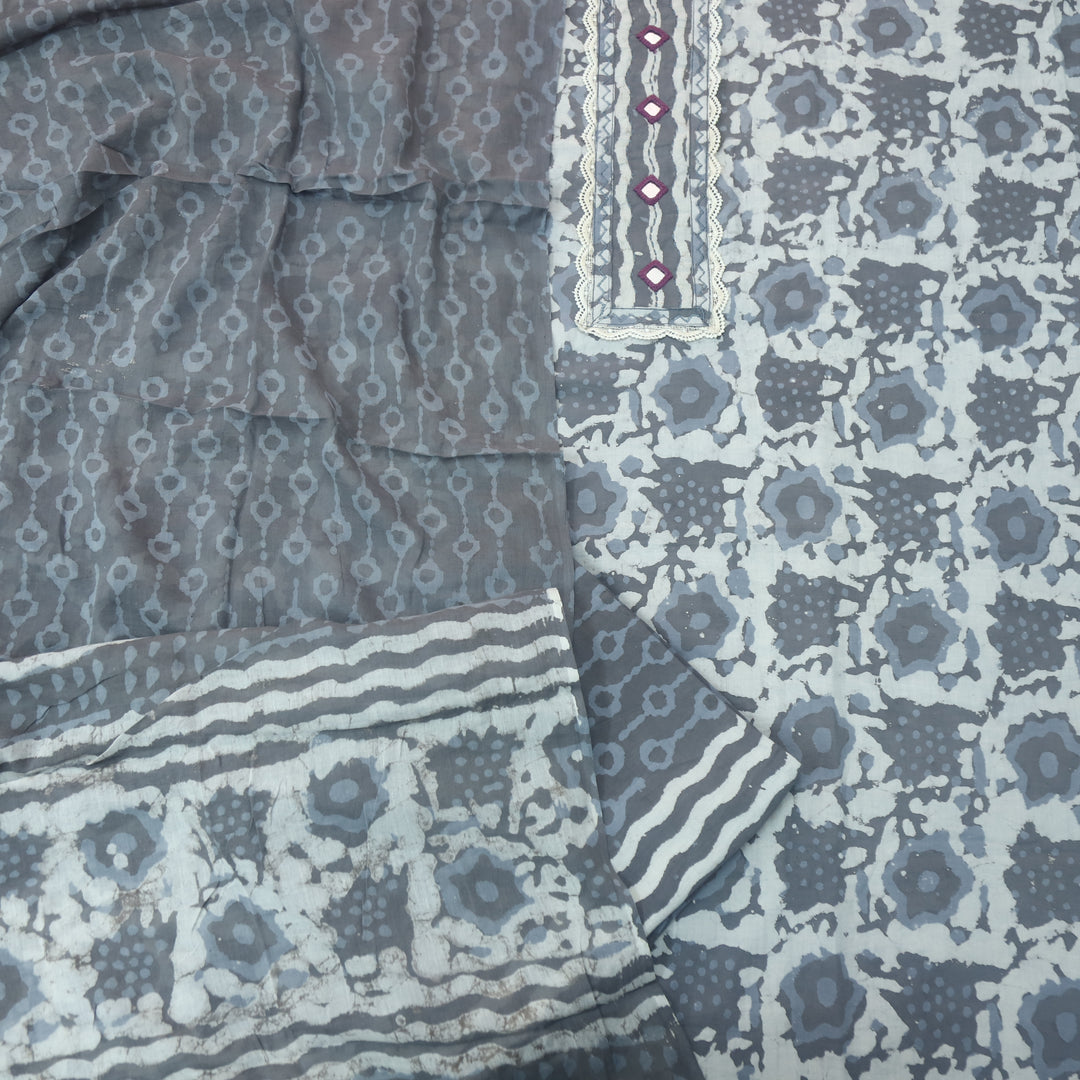 Rubi Stell Grey Mirror with Lace Work Dabu Printed Cotton Suit set
