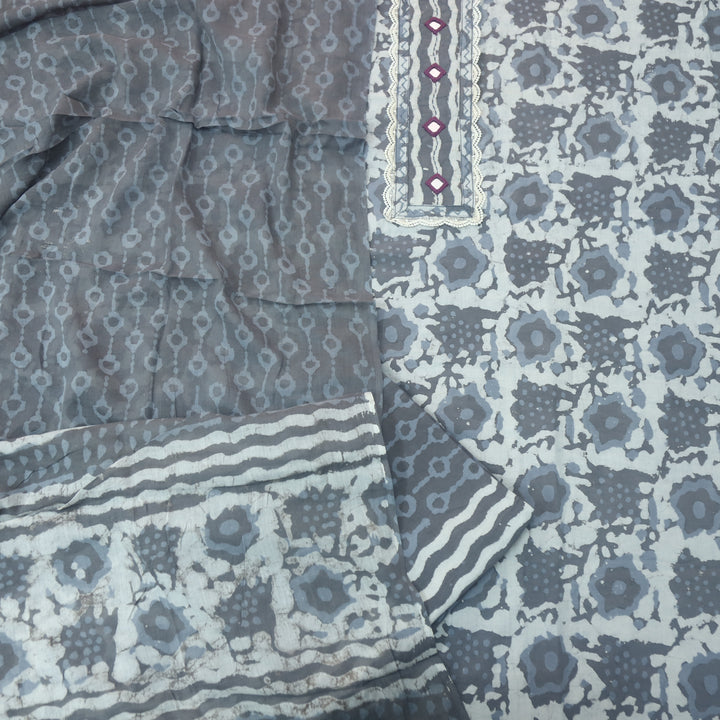 Rubi Stell Grey Mirror with Lace Work Dabu Printed Cotton Suit set