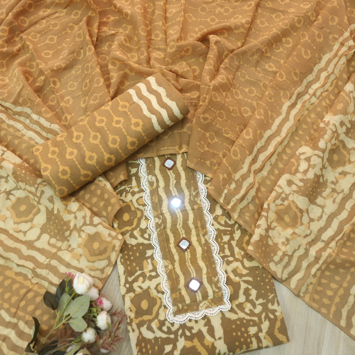 Rubi Peanut Yellow Mirror with Lace Work Dabu Printed Cotton Suit set