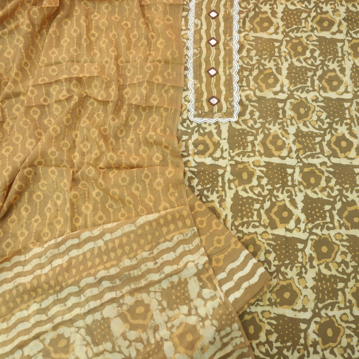 Rubi Peanut Yellow Mirror with Lace Work Dabu Printed Cotton Suit set