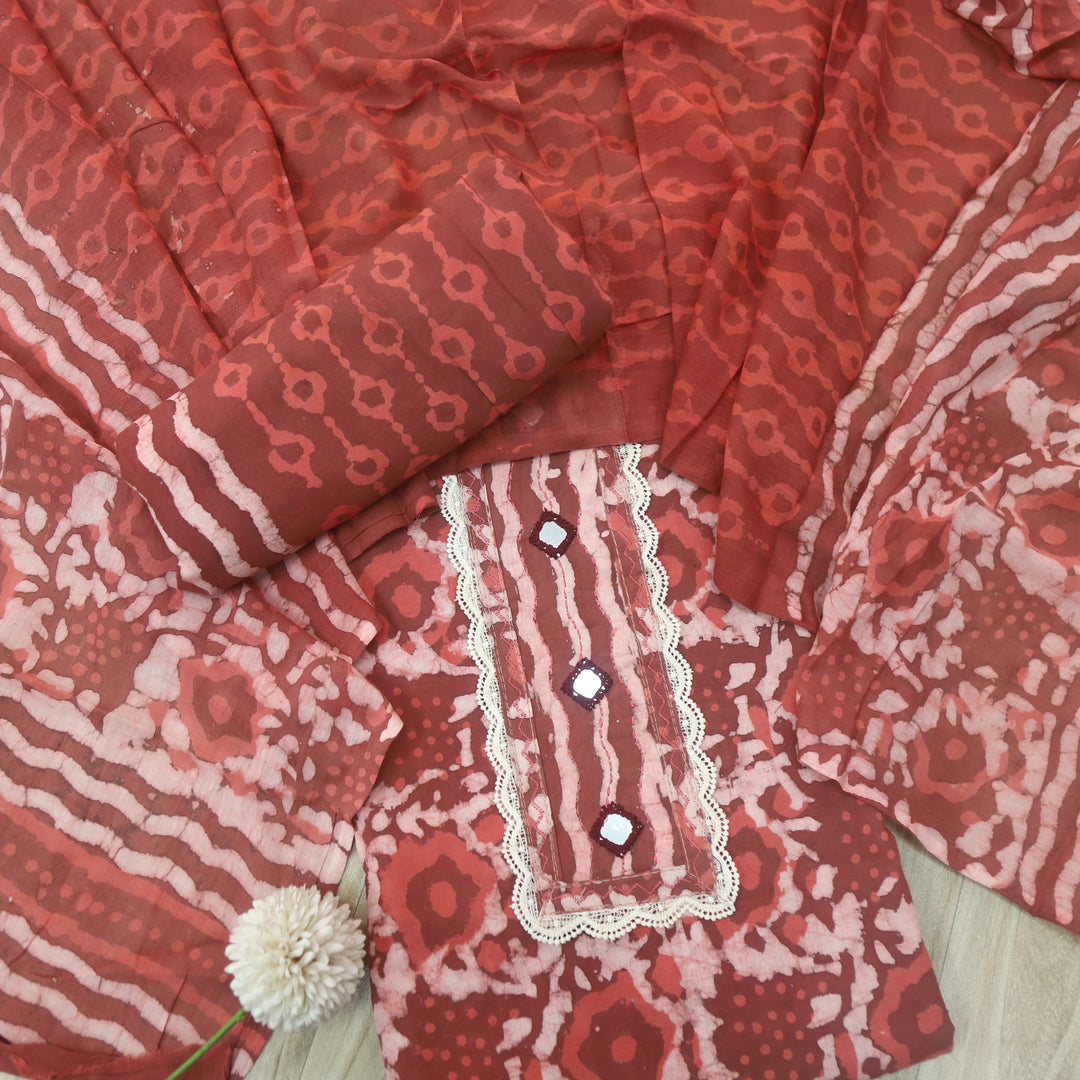 Rubi Tangy Red Mirror with Lace Work Dabu Printed Cotton Suit set