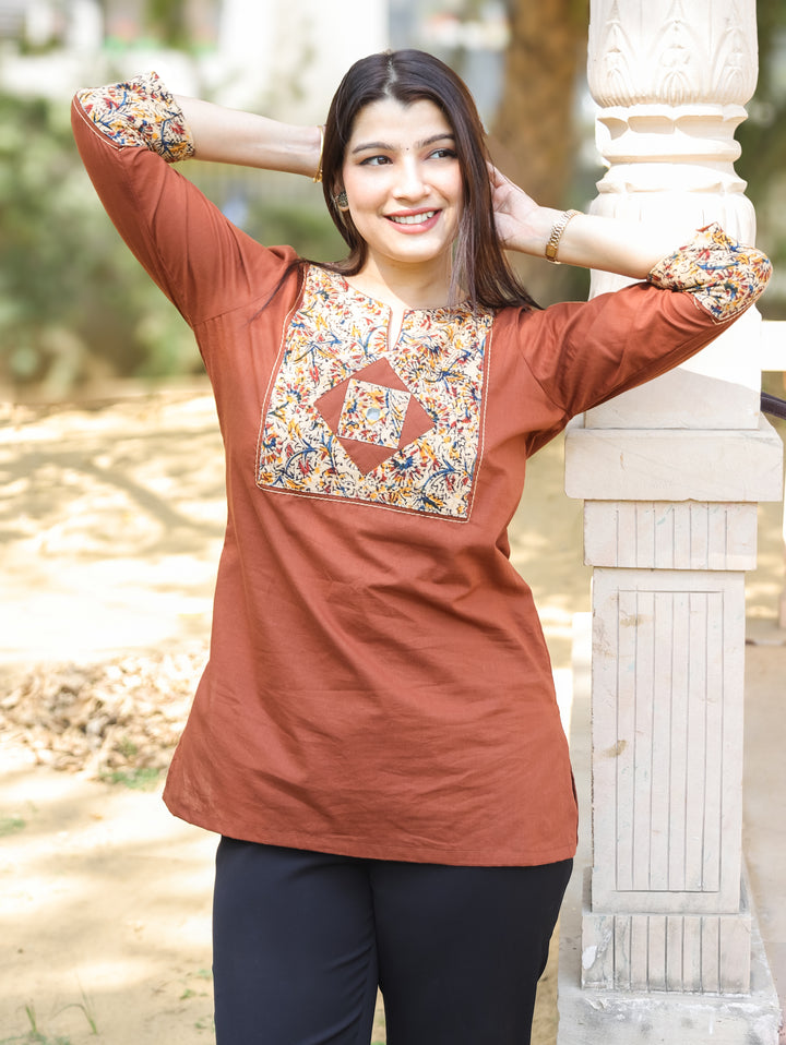 Kalmi Rust Orange with Kalamakri Patch with Mirror Work Short Cotton Kurti