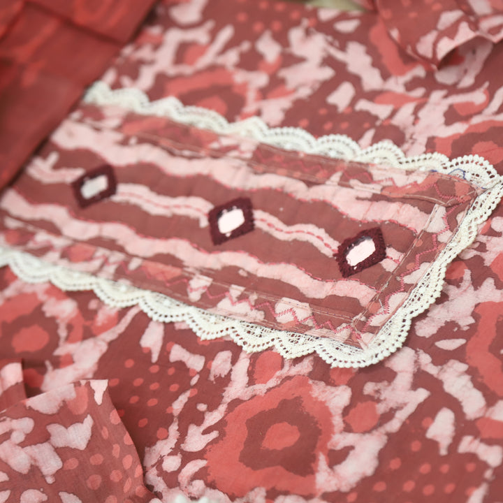 Rubi Tangy Red Mirror with Lace Work Dabu Printed Cotton Suit set