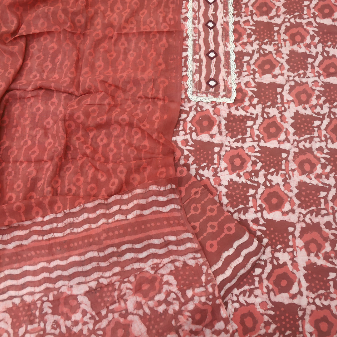 Rubi Tangy Red Mirror with Lace Work Dabu Printed Cotton Suit set