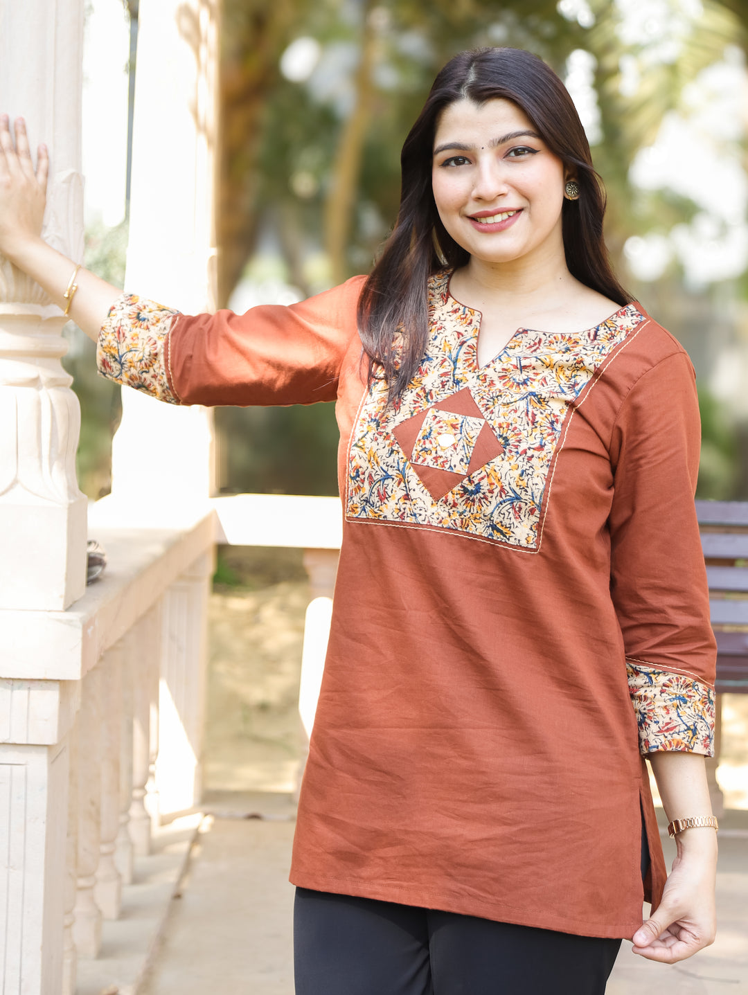 Kalmi Rust Orange with Kalamakri Patch with Mirror Work Short Cotton Kurti