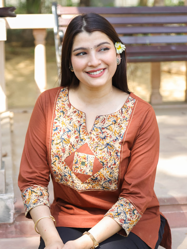 Kalmi Rust Orange with Kalamakri Patch with Mirror Work Short Cotton Kurti