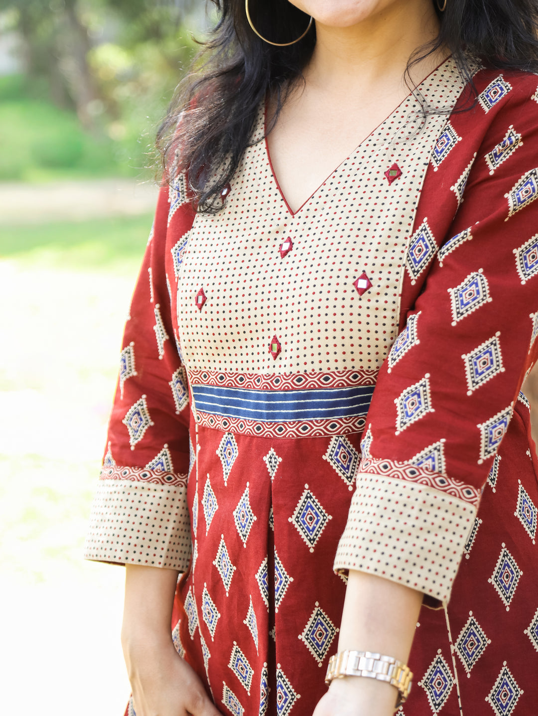 Madhvi Berry Red with Ajrak Printed Yoke with Mirror Work Short Cotton Kurti