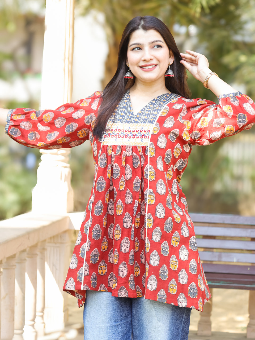 Mukhda Red with Embroidered Yoke Panel Style Buddha Printed Short Cotton Kurti