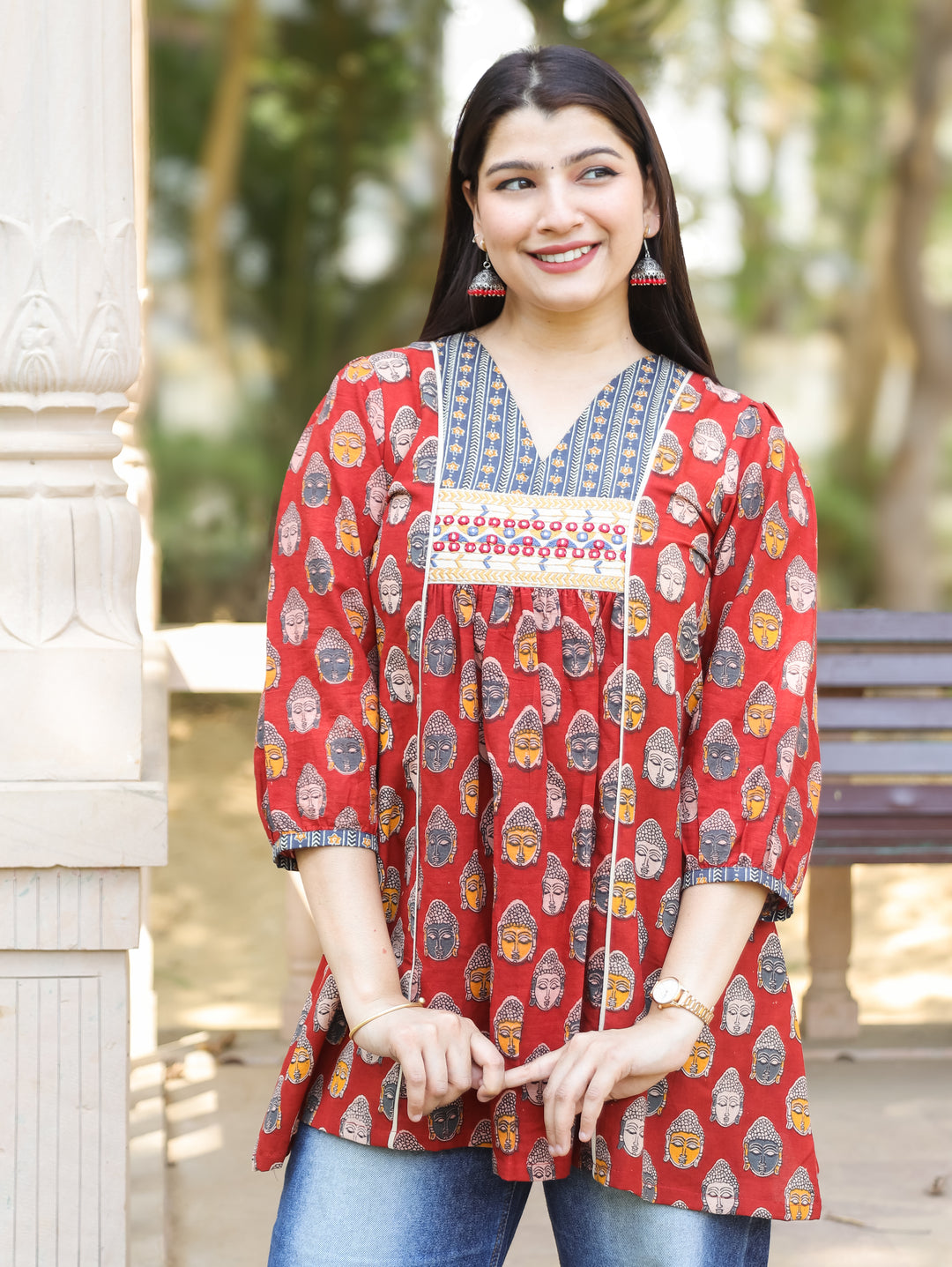 Mukhda Red with Embroidered Yoke Panel Style Buddha Printed Short Cotton Kurti
