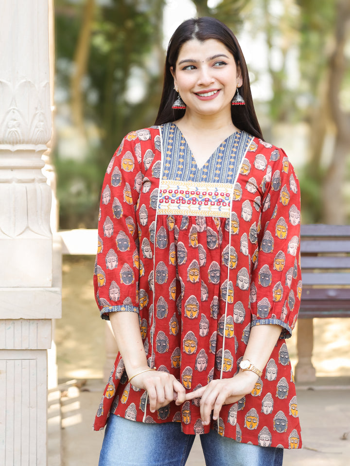 Mukhda Red with Embroidered Yoke Panel Style Buddha Printed Short Cotton Kurti