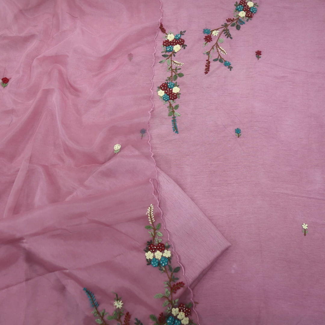 Fulkarrie Mauve Purple Embroidered Work Dola Silk Top with Organza Dupatta Set