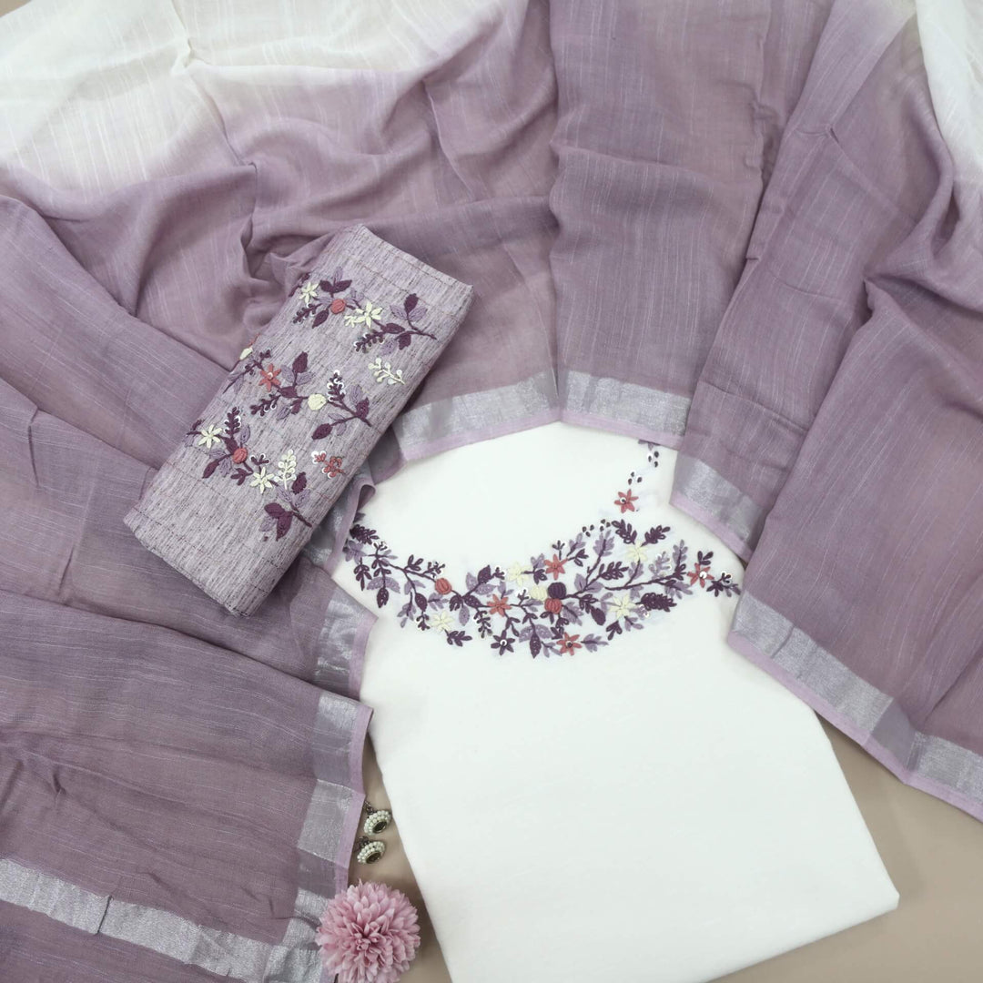 Fulkarrie Ivory Cream Embriodered Work Cotton Linen Top and Dupatta Set