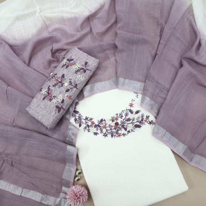 Fulkarrie Ivory Cream Embriodered Work Cotton Linen Top and Dupatta Set