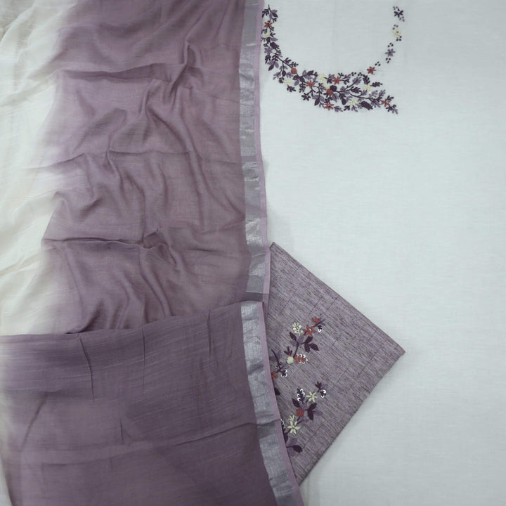 Fulkarrie Ivory Cream Embriodered Work Cotton Linen Top and Dupatta Set